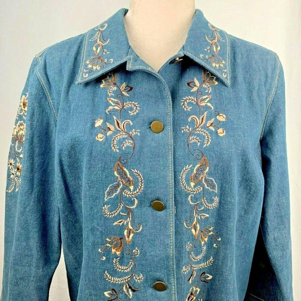 Coldwater Creek Cotton Denim Jacket S Floral Embroidery Flip Cuffs Button Down
